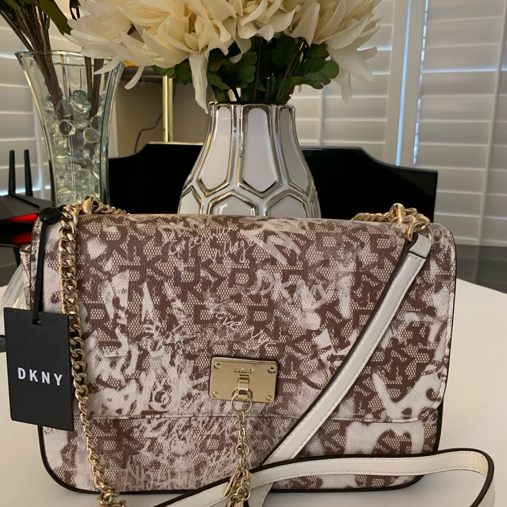 DKNY Cleo Medium Shoulder Flap Bag Crossbody Purse Brown White